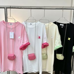 Tops Roupos de luxo Mulher camiseta CES Camisetas Manga CEINE Candy contrastando a camiseta de manga curta solta com bolsa