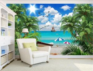 Bakgrunder Vattentät tapet Sea View Beach Coconut Tree For Walls 3 D SOFA vardagsrum Bakgrund Vägg Mural 3D