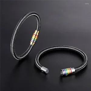 Pulseiras de link preto/branco Bracelete de couro genuíno genuíno homem homem homem aço inoxidável orgulho gay arco -íris presente magnético pulseira