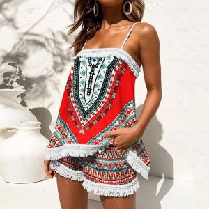 Spodenki Summer Women Set Sexy Dwuczęściowe stroje Sling Tassel Spaghetti Pasek Kwiatowe zestawy Camis Tops and Shorts Beach Sets Boho 2 szt.