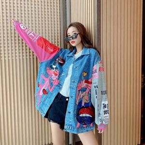 Harajuku büyük boy kot ceketler kadın büyük boy ceket patchwork renk sokak kıyafeti karikatür baskı jean ceket kadın üst 240415
