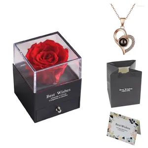 Decorative Flowers Real Everlasting Rose Jewelry Box With 100 Languages I Love You Necklace Christmas Valentine Gifts For Mother Girlfriend