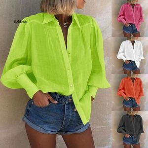 Kvinnors blusar Solid Color Shirt Kvinnor 2024 Spring Summer Fashion Explosion Models Lapel Lantern Long Sleeve Loose Tide