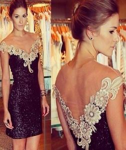 Sexy Black Sequined Mini Cocktail Dresses with VNeck Lace Appliqued Short Prom Party Dresses Open Back Club Wear vestido de forma6252455