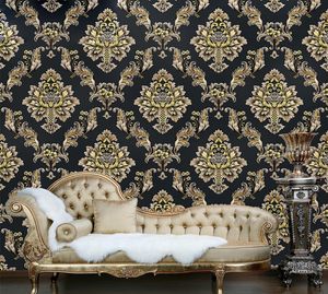 European 3D Stereo Damascus Deep Prossed Wallpaper Black Gold Flower Living Room TV Bakgrund Vägg EL Hushåll Väggdekor4754315