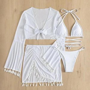 Kvinnors badkläder sexig mesh kjol baddräkt set v-hals bikini 4st/set spets upp halter triangel täckning topp för kvinnlig