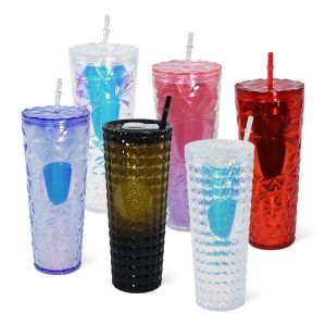 24oz diamond studded acrylic tumblers double walled plastic cup with lid straw 710ml drinking beverage cups electroplating ombre colors 0415