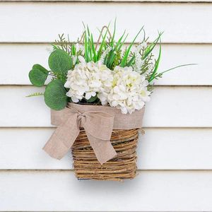 Decorative Flowers Basket Door Decoration Wreath Artificial Cream Hydrangea Hanger For Front Porch Patio Cute Floral Hanging