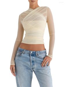 Magliette da donna da donna a manica lunga a manica a maglie a maglie tulle vedi attraverso slim crop top y2k arruciaio