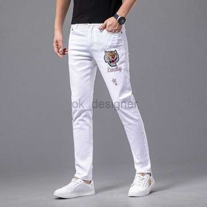 Мужские джинсы дизайнер весенний и летние джинсы для модных джинсов мужская горячая алмазная печать повседневные вымытые белые леггинсы