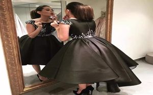 Latest 2017 Charming Little Black Cocktail Dresses Bateau Neck Capped Sleeves Shiny Beaded Fluffy High Low Cocktail Evening Dresse1605976