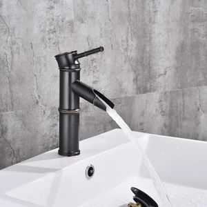 Banyo Lavabo Muslukları Ev Bakır ve Soğuk Antika Retro Siyah Havza Musluğu El Tek Delik Bambu Tarzı Lake