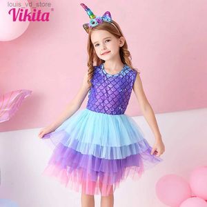 Girl's Dresses VIKITA Kids Mermaid Print Sleeveless Dress Girls Birthday Party Performance Princess Dresses Girls Mesh Layered Cake Tutu Dress T240415