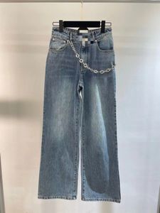 2024 Navy Blue Free Shipping Straight Loose Pockets Chains Women's Jeans Designer Women's Denim Pants 4152