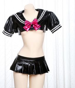 Two Piece Dress Leather Sailor Uniform Women Dress Sexy Lingerie V Neck Bow Navy Student Uniform Temptation Lady Cosplay
