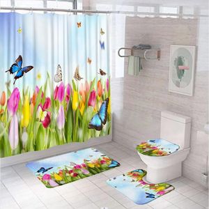 Shower Curtains Floral Butterfly Curtain Set For Bathroom Tulip Blooming Flower Plant Tub Screen Non-Slip Toilet Seat Cover Bath Mat Rug