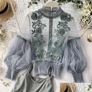 Kvinnors blusar skjortor Autumn Women Mesh Tops Fashion Y Sheer Lace Blue Lantern Sleeve 3d Floral Elegant Top Blusas Femininas 202 DHNDJ