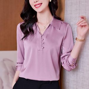 Camicette da donna vera seta viola grigia camicia bianca a v-scollo a manica lunga camicie eleganti e per donne sciolte