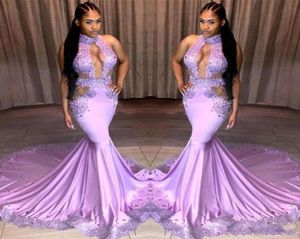 2019 New Sexy Light Purple Prom Dresses Keyhole Neck Lace Appliques Sequins Cutaway Sides Sweep Train Cheap Evening Party Homecomi9286485