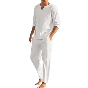 Sommar 2st/set Mens Cotton Linen Blend Set Lång ärm V-ringning T-skjortor Pants Set Casual Men Beach Clothes Set 240403