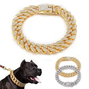 Dog Collars Cat Chain Collar With Diamond Luxury Metal Material 1.25cm Width Perro Rap Hip Hop Cuban Pet Jewelry Necklace T9I002616