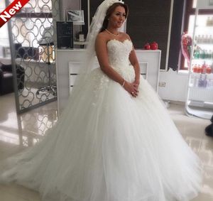 Najnowszy projekt Puffy Tiuls Plus Size Suknie ślubne Sweetheart Applique koronkowe suknie ślubne sukienki panny młodej Vestido de noiva3534756