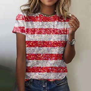 女性用Tシャツカジュアル夏の独立記念日女性のためのソフトOネック半袖Tシャツレディースストライププリントホリデービーチブラウス