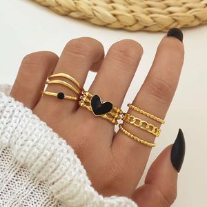 Creative Hollow Heart Art Style Inlaid Black Ring Set of 12 Pieces