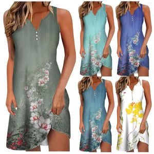 Lässige Kleider für formelle Anlässe Damen Sommerkleider Button V Hals ärmellose Boho Blumenhochzeit Gast