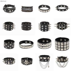 Andra armband 2022 Ny PU -läderarmband Punk -armband Justerbar skalle Goth manschettarmband gotiska rivet spänne armband för män kvinnorl240415