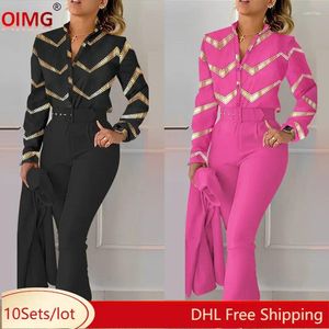 Kvinnors tvåbitar byxa 10 grossistspårar Kvinnliga stycken uppsättningar 2024 Spring Long Sleeve Shirt Sweatsuit Print Outfits Office Lady Wear