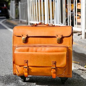 Malas de malas de bagagem de couro genuíno masculino de couro bronzeado para roda universal de 20 polegadas Caixa de viagem retrô de 20 polegadas
