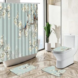 Shower Curtains Flower Parrot Bird Scenery Curtain Elegant Floral Chinese Bathroom Decor Non-Slip Carpet Toilet Cover Floor Mat Set Gift