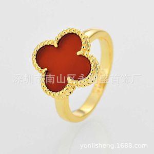 Designer Van High Edition Clover Ring Classic Fashion Versatile Plated 18K Natural White Fritillaria Red Agate V2RK