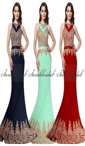 Real Po 2019 Gold Applique Beaded Two Pieces Prom Party Formal Dresses Sheer Neck Mint In Stock Luxury Arabic Dubai Occasion Ev5450871