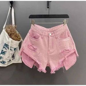 Women's Shorts Korean Vintage Blue Sexy Ripped Jeans for Women Patchwork A-line High-waisted Denim Ultra