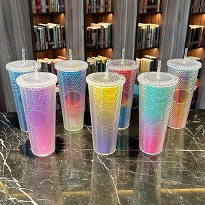 Durian Straw Tumblers 24oz Cold Water Cups Drink Bottles Ice Sipper 710ml Capacity With Lids Mugs Plastic Coffee Termos Diamond Starry Studded Drinking Ware Thermos