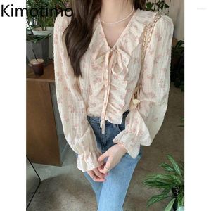 Camicette da donna kimotimo dolce rosa floreale camicia manica femminile 2024 primavera estate v al collo in pizzo arruffato top slim fairy beach style