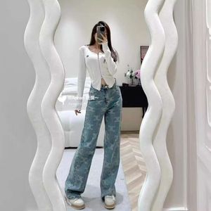 Ce24ss New Luxury Blue Jeans With Full Print Letters Design, Fashionable Versatile Straight Leg Pants