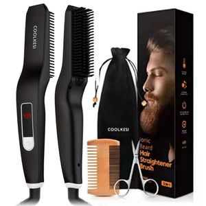 Ionic Hair Beard Straightener Comb Anti-Scald Ceramic Heated Beard Brush Portable Beard Straightening Comb 6 Adjustable Temp 240411
