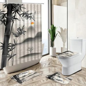 Cortinas de chuveiro cenário chinês cortina de cortina pintura arte banheiro conjunto de banheiros de bambu design de flores