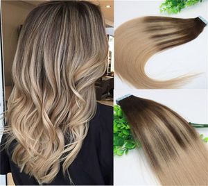 4 18Skin Weft Tape In Human Hair Extensions PU Tape Hair 40pcs 100gram Balayage Ombre Hair Color Ash Blonde Highlights8977184