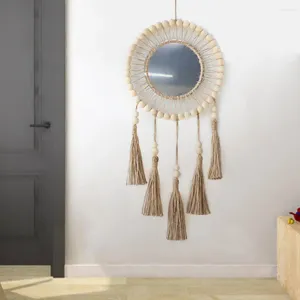 Tapisseries träpärla spegel hänge chic handvävd tofs speglar utsökta dekorativa vägghängningar med pärlor bomull för rum