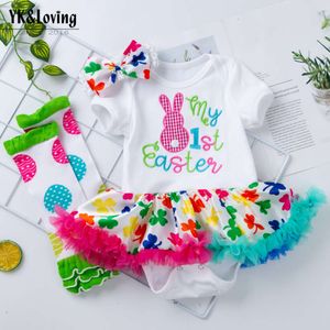 Children's Clothing Easter Embroidered Rabbit Baby Dress Baby Party Mesh Princess Dress Socks Set