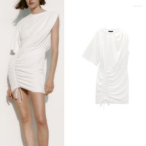 Casual Dresses Pleating Round Neck Slim-Fit Asymmetric Mini Dress