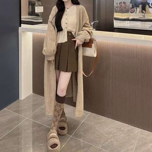 Koreli Sonbahar/Kış Yeni Gevşek ve Tembel Stil Uzun Örme Hırka Giyen Kadınlar İçin Düz Renk Çok Yeri Kazak Ceket