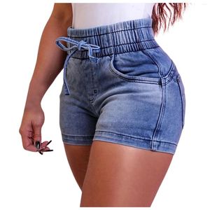 Kvinnors shorts denim för kvinnor tvättade fläckade nödställda vintage snäva jeans blekt hög midja snörning upp sträck sommaren