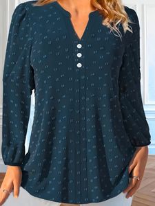 Plus Size Womens Solid Swiss Dot Long Sleeve Notched Neck Button Decor Casual Blouse Top 240403