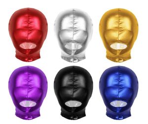 Sexy Unisex Men Women Cosplay Face Mask Hood for Role Play Costume Latex Shiny Metallic Open Mouth Hole Headgear Full Face Mask Q01843010