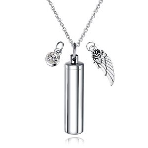 Cylinder Capsule Secret Message Vial Cremation Ash Urn Necklace in Stainless Steel Stash Locket Wing and Crystal Dangle Necklace262t